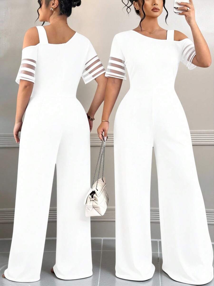 Elenzga Jumpsuit Minimalis Serbaguna Kasual Warna Polos untuk Wanita Ukuran Besar - Putih - View 1