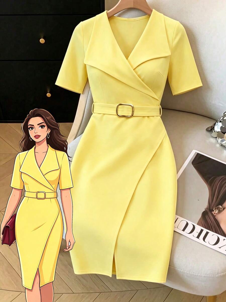 GlowEve CURVE Plus Size Comfortable Elegant Dress, Waist Cinching Design, Slit Detail, Flattering For Commute Cocktail And Dates Light Yellow Summer - Yellow - View 1