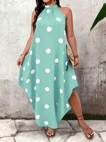 Breezaya Women's Plus Size Summer Zipper Neck Sleeveless Polka Dot Casual Elegant Dress - Green - View 3