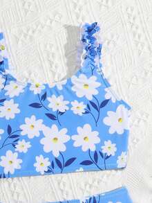 2pcs/Set Young Girl' Blue Floral Print Comfortable Knit Ruffled Swimwear Set, Suitable For Beach, Pool, Vacation, Summer, Travel - Multicolor - View 4