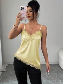 Rafferiza Women's Elegant French Lace Patchwork Asymmetrical Hem Cami Top - Light Yellow - View 6