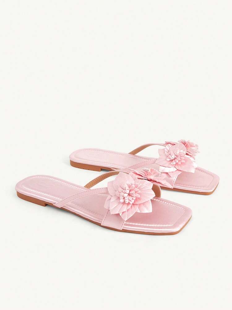 CUCCOO CHICEST New Pink Square Toe Internet Celebrity Flower Fashion Comfortable Women Flat Sandals