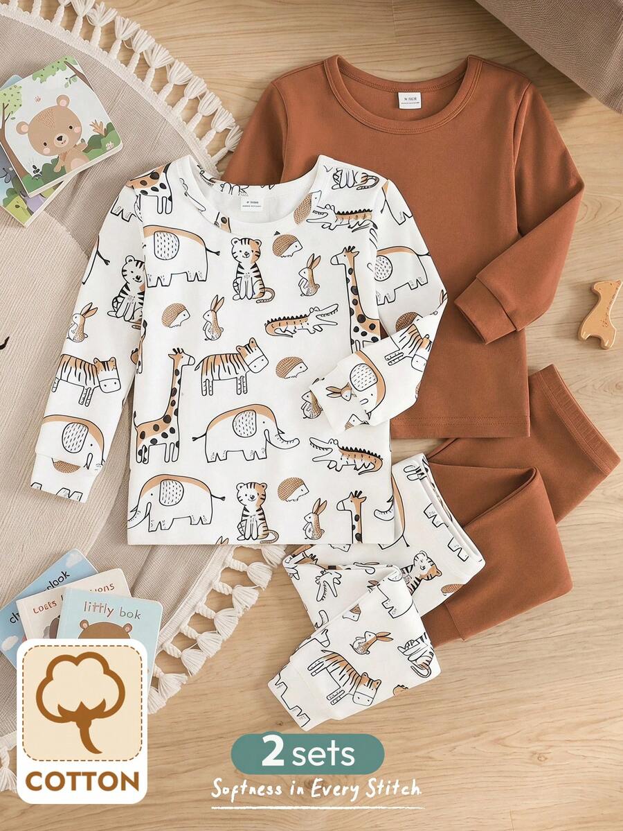 Cozy Pixies Bộ đồ ngủ 4 món cho bé trai, kiểu dáng ôm sát, dễ thương, chất liệu dệt kim, họa tiết động vật hoạt hình và sọc, áo tay dài cổ tròn mềm mại và quần dài cạp chun. - Nhiều màu - Xem 1