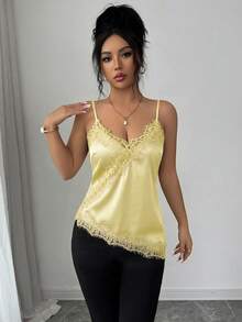 Rafferiza Women's Elegant French Lace Patchwork Asymmetrical Hem Cami Top - Light Yellow - View 4