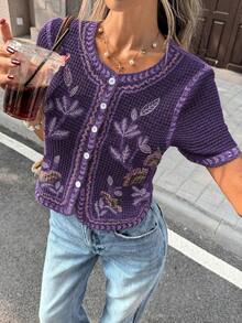 Pariaura 法式鄉村風花卉印花短袖T恤，秋季保暖內裡，度假海灘早午餐70年代復古風 - 紫色 - 查看 6