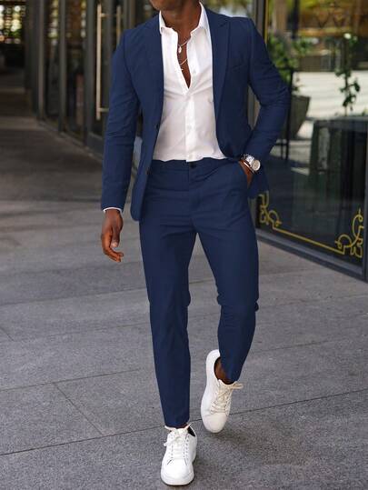 Manfinity Mode Conjunto de Blazer de Manga Larga con Bolsillo y Pantalones de unicolor Casual de Negocios para Hombres, Trajes Formales para Ceremonia