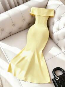 GlowEve Elegant Cream Yellow Off-Shoulder Evening Dress, Fitted Bodycon Lace Applique Mesh Slit Dress, Party Gown - Light Yellow - View 2