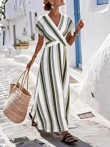 SHEIN Holidaya Đầm nữ tay ngắn kẻ sọc đen trắng mùa hè, trang phục xuân hè thanh lịch đi du lịch, quần áo nữ dự tiệc sang trọng, đầm nữ tay ngắn kẻ sọc đen trắng mới xuân hè - Nhiều màu - Xem 1