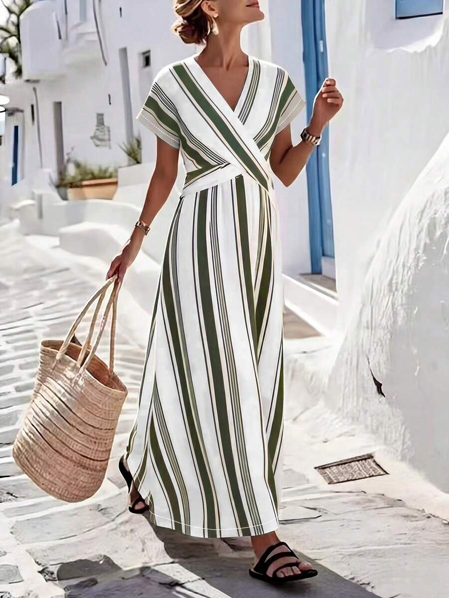 SHEIN Holidaya Đầm nữ tay ngắn kẻ sọc đen trắng mùa hè, trang phục xuân hè thanh lịch đi du lịch, quần áo nữ dự tiệc sang trọng, đầm nữ tay ngắn kẻ sọc đen trắng mới xuân hè - Nhiều màu - Xem 1