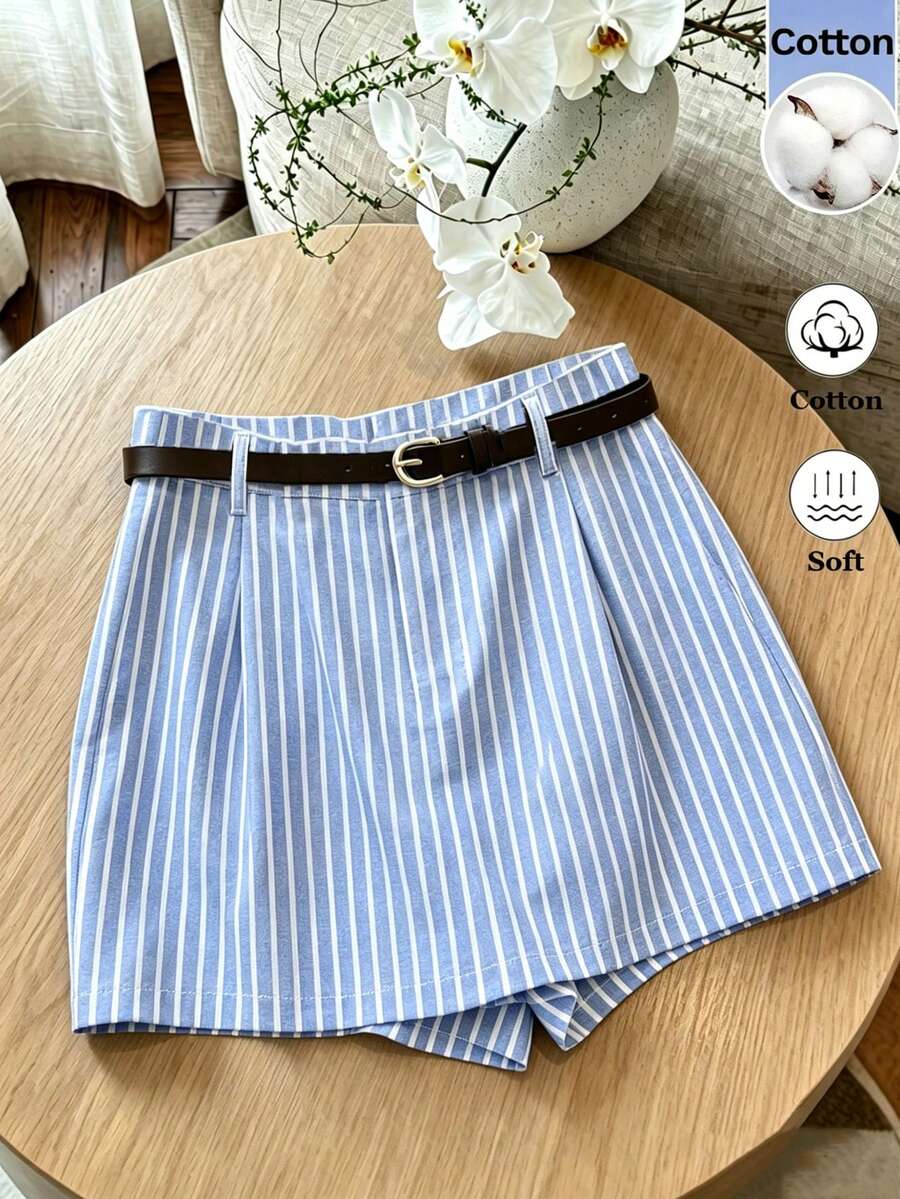 SHEIN Franclia 女士条纹褶皱宽松休闲百搭短裤 - 藍色 - 查看 1