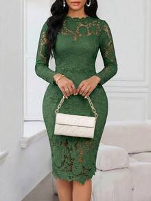 SHEIN Lady 女士纯色长袖蕾丝修身优雅时尚连衣裙 - 墨綠色 - 查看 5