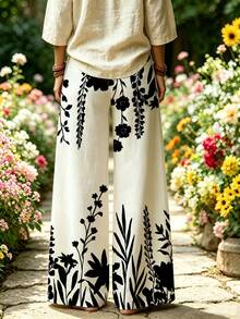Selamara Quần ống rộng phong cách Bohemian màu kaki thêu họa tiết hoa cúc, cạp cao lưng thun co giãn, dáng suông bay bổng, phong cách vintage đồng quê cho mùa hè - Nhiều màu - Xem 2