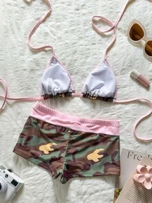 Swim Mod 女款比基尼泳衣，格紋圖案格子泳褲，波希米亞度假風，時尚海灘穿搭，美國國慶日穿搭，夏季海灘裝 - 彩色 - 查看 4