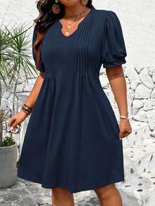 EMERY ROSE Women's Plus Size Short Sleeve Solid Color Waist-Defining Dress Casual Daily - Navy Blue - View 6