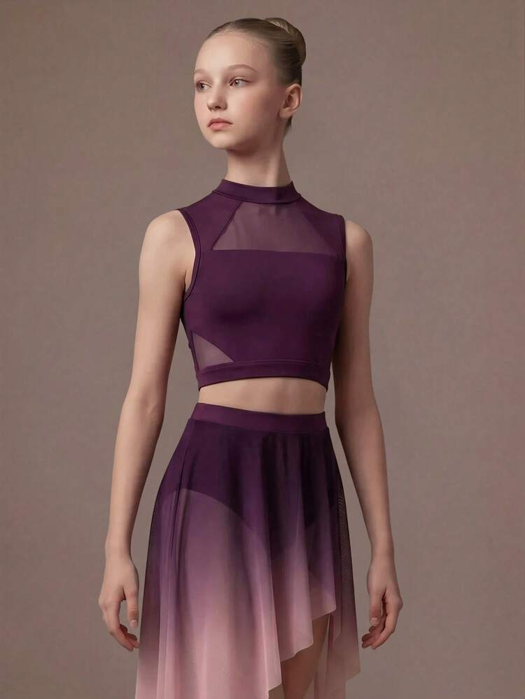 SHEIN Tween Girl Mesh Patchwork Stand Collar Top And Gradient Color Skirt Casual Daily Sports Outfit Back To School College - Purple - View 6