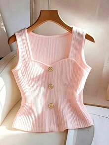 GlowEve CURVE Plus Size Sleeveless Round Neck Front Button Vest - Baby Pink - View 6