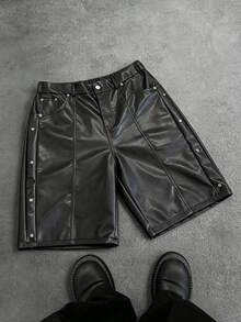 SLATEMANN Men's Black PU Leather Shorts, Rivet Design, Fashionable Versatile Casual Straight Leg Shorts - Black - View 8