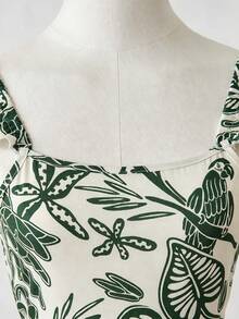 Sparklyn Tropical Plant & Parrot Printed White Romper,Summer Vacation Holiday Square Neck Backless Flutter Sleeve High-Waisted Wide-Leg Jumpsuit With Bow - Green - View 6