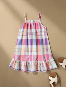 SHEIN Girls' Woven Fabric Plaid Digital Print Hem Ruffle Strap Dress, Suitable For Summer Daily Wear, Outings, Travel, Vacation, And Occasions. Summer Dress - Multicolor - View 5