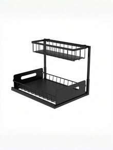 1 buah Rak Penyimpanan Geser Dua Tingkat di Bawah Wastafel, Lemari Laci Geser untuk Dapur, Kamar Mandi, Lemari Pakaian, Pengorganisasi Kabinet Serbaguna, Hemat Ruang, Dapat Diatur, Tahan Karat, Tahan Lama, Mudah Dirakit, Solusi Pengorganisasian Rumah - Hitam - View 9