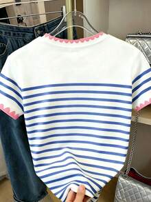 SHEIN 1pc Simple Striped Puppy Pattern Short Sleeve T-Shirt, Suitable For Little Girls Spring Summer Autumn Wear Top T-Shirt, Simple Casual Daily Style - Multicolor - View 2
