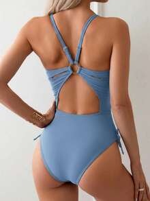 Swim Basics 女款素色極簡百搭壓褶繫帶式連身泳衣 - 霧霾藍 - 查看 2