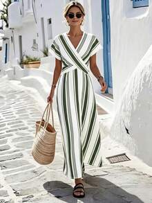 SHEIN Holidaya Đầm nữ tay ngắn kẻ sọc đen trắng mùa hè, trang phục xuân hè thanh lịch đi du lịch, quần áo nữ dự tiệc sang trọng, đầm nữ tay ngắn kẻ sọc đen trắng mới xuân hè - Nhiều màu - Xem 4