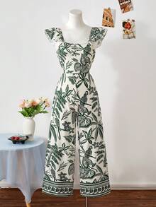 Sparklyn Tropical Plant & Parrot Printed White Romper,Summer Vacation Holiday Square Neck Backless Flutter Sleeve High-Waisted Wide-Leg Jumpsuit With Bow - Green - View 2