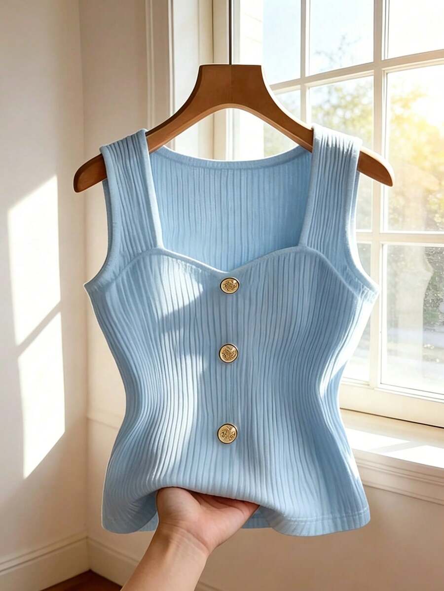 GlowEve CURVE Plus Size Sleeveless Round Neck Front Button Vest - Baby Blue - View 1