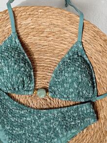 Swim Mod 2026 Spring/Summer Green Triangle Cup Textured Bubble Crinkle Fabric Jade-Like Finish Decorative Buckle Gold Bead Embellished High-Cut Sexy Bikini For Women, Suitable For Beach, Pool, And Seaside - Green - View 4
