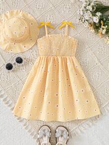 SHEIN Girls' Yellow Plaid Daisy Print Bow Shoulder Strap Summer A-Line Dress, Sweet And Cute Casual - Yellow - View 3