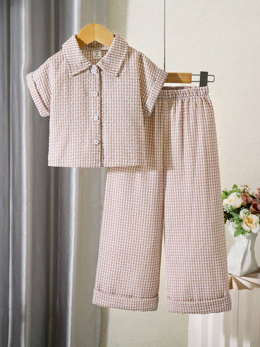 SHEIN Elladie kids 女童小格紋翻領鈕扣休閒襯衫上衣與直筒長褲2件組,適合日常休閒出遊與上學 - 卡其色 - 查看 1