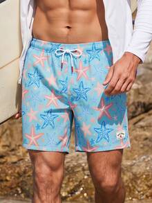 Manfinity Swimmode Men's Colorful Starfish Pattern Drawstring Waist Fashion Beach Shorts Holiday / Vacation / Beach / Hawaii / Tropical / Swim /  Bathing - Baby Blue - View 3