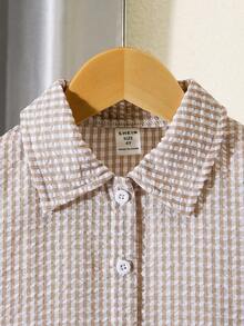 SHEIN Elladie kids 女童小格紋翻領鈕扣休閒襯衫上衣與直筒長褲2件組，適合日常休閒出遊與上學 - 卡其色 - 查看 6