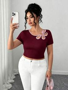 Elenzga Plus Size Women's Fitted Floral Cut-Out Decor Minimalist Short T-Shirt - Burgundy - View 3