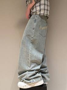 STEELVANCE Street Style Retro Fashion Versatile Distressed Studded Design Statue Of Liberty Letter Print Loose Straight Leg Wide Leg Casual Denim Jeans - Light Wash - View 5
