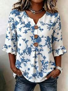 EMERY ROSE Women's Vacation Casual Floral Print Shirt - Blue and White - View 1