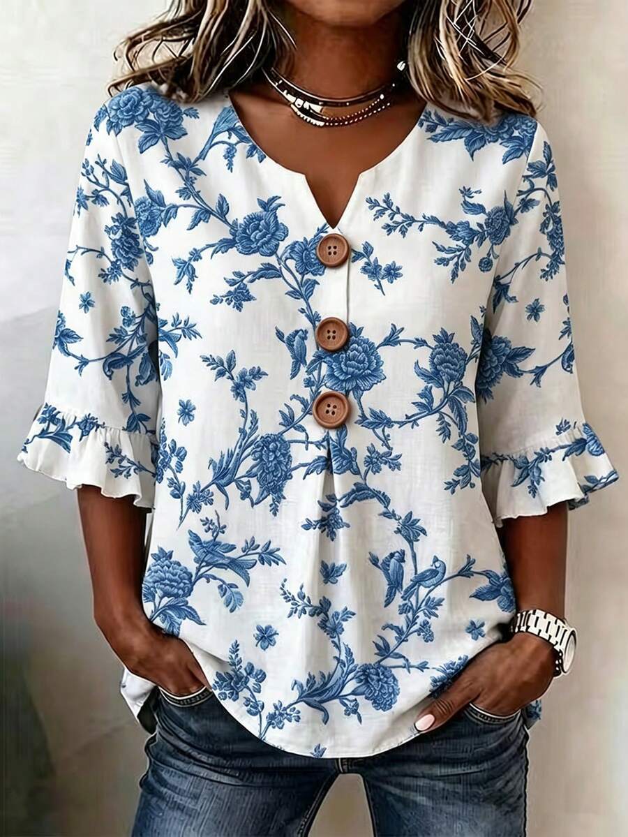 EMERY ROSE Women's Vacation Casual Floral Print Shirt - Blue and White - View 1