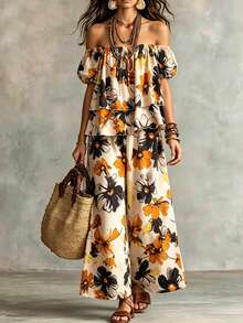 EMERY ROSE Conjunto de estilo francés de vacaciones para mujer talla grande, blusa de cuello cuadrado con estampado de pintura al óleo floral grande, manga abullonada con volantes y hombros descubiertos, blusa de capas + pantalones de pierna ancha, conjunto de 2 piezas para vacaciones en la playa, estilo retro francés casual para uso diario, nueva colección de verano - Multicolor - Ver 1