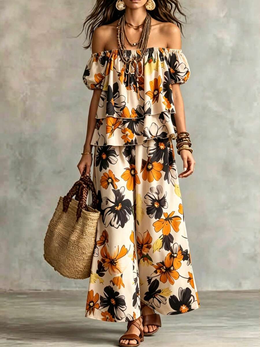 EMERY ROSE Conjunto de estilo francés de vacaciones para mujer talla grande, blusa de cuello cuadrado con estampado de pintura al óleo floral grande, manga abullonada con volantes y hombros descubiertos, blusa de capas + pantalones de pierna ancha, conjunto de 2 piezas para vacaciones en la playa, estilo retro francés casual para uso diario, nueva colección de verano - Multicolor - Ver 1