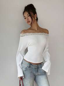 SHEIN PariChic Women's Elegant And Casual White Lace Off-Shoulder Top, Flare Long Sleeve Form-Fitting Tee, Sexy Slim Fit Blouse For Night Out Date Night Street Style - White - View 11