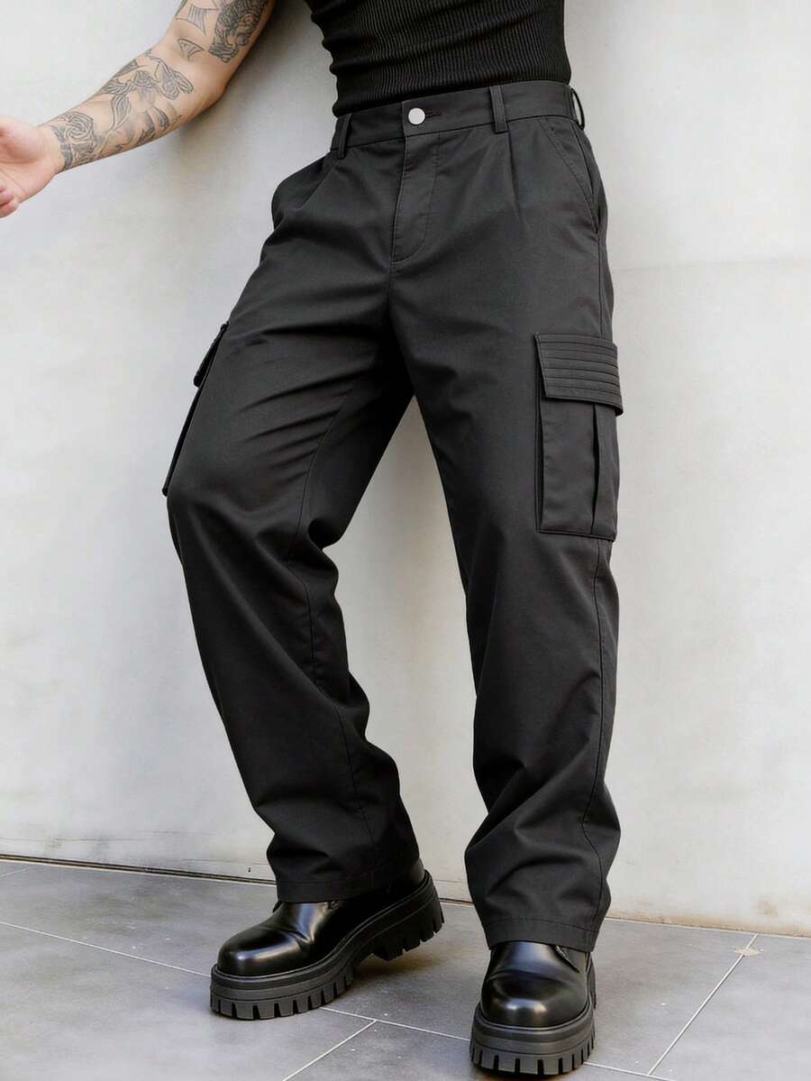Manfinity Homme 男士黑色長褲,口袋設計,休閒時尚百搭長褲 - 黑色 - 查看 1