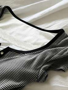 IslaSuriya Camiseta de mujer con mangas cortas, con volantes, parches de encaje y rayas - Multicolor - Ver 5