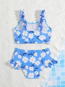 2pcs/Set Young Girl' Blue Floral Print Comfortable Knit Ruffled Swimwear Set, Suitable For Beach, Pool, Vacation, Summer, Travel - Multicolor - View 2
