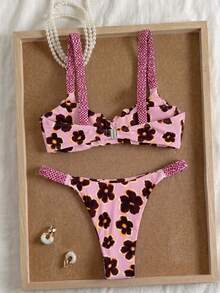 Elavelle Women's Summer Random Print Thick Strap Ruched High Cut Sexy Bikini Set - Multicolor - View 3