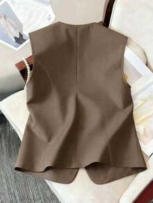 SHEIN Clasi Plus Size Women Summer Elegant Gold Button Sleeveless Blazer Vest,Brown Smart Casual Office Professional Suits,Autumn Chinese Style Top - Brown - View 2