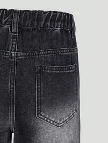 SHEIN 女童牛仔短褲，夏季新品，復古水洗彈性腰寬鬆直筒毛邊休閒牛仔短褲，Y2K街頭風，黑色舒適純棉牛仔，適合校園穿搭、夏季度假、日常出行、戶外、派對等多種場合 - 黑色 - 查看 5