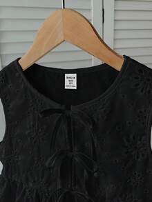 SHEIN Tween Girl Casual Daily Vacation Textured Jacquard Front Bow Top - Black - View 3