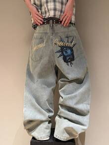 STEELVANCE Street Style Retro Fashion Versatile Distressed Studded Design Statue Of Liberty Letter Print Loose Straight Leg Wide Leg Casual Denim Jeans - Light Wash - View 6
