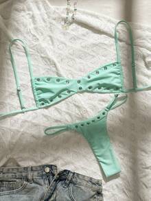 SHEIN Swim 2026新款女式素色性感平口比基尼泳衣套裝，海灘度假夏季休閒性感泳裝 - 薄荷綠 - 查看 1